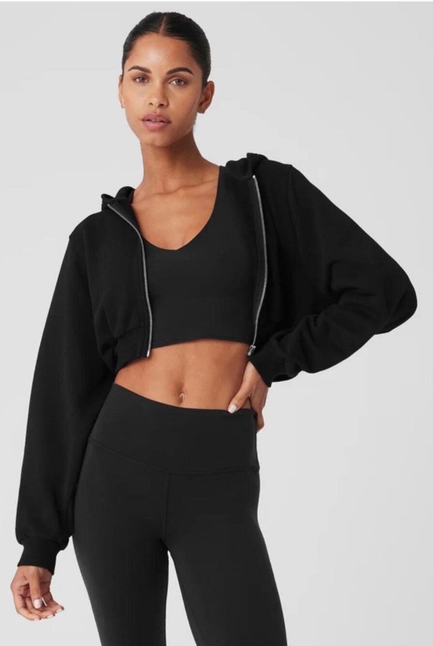 Alo Yoga Sweet Escape Zip Up Hoodie Black Large Cropped Oversized Sweatshirt